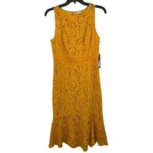NWT Eva Mendes NY & Co 8 Mustard Lace Overlay Midi SL Dress Ruffle Hem 6828